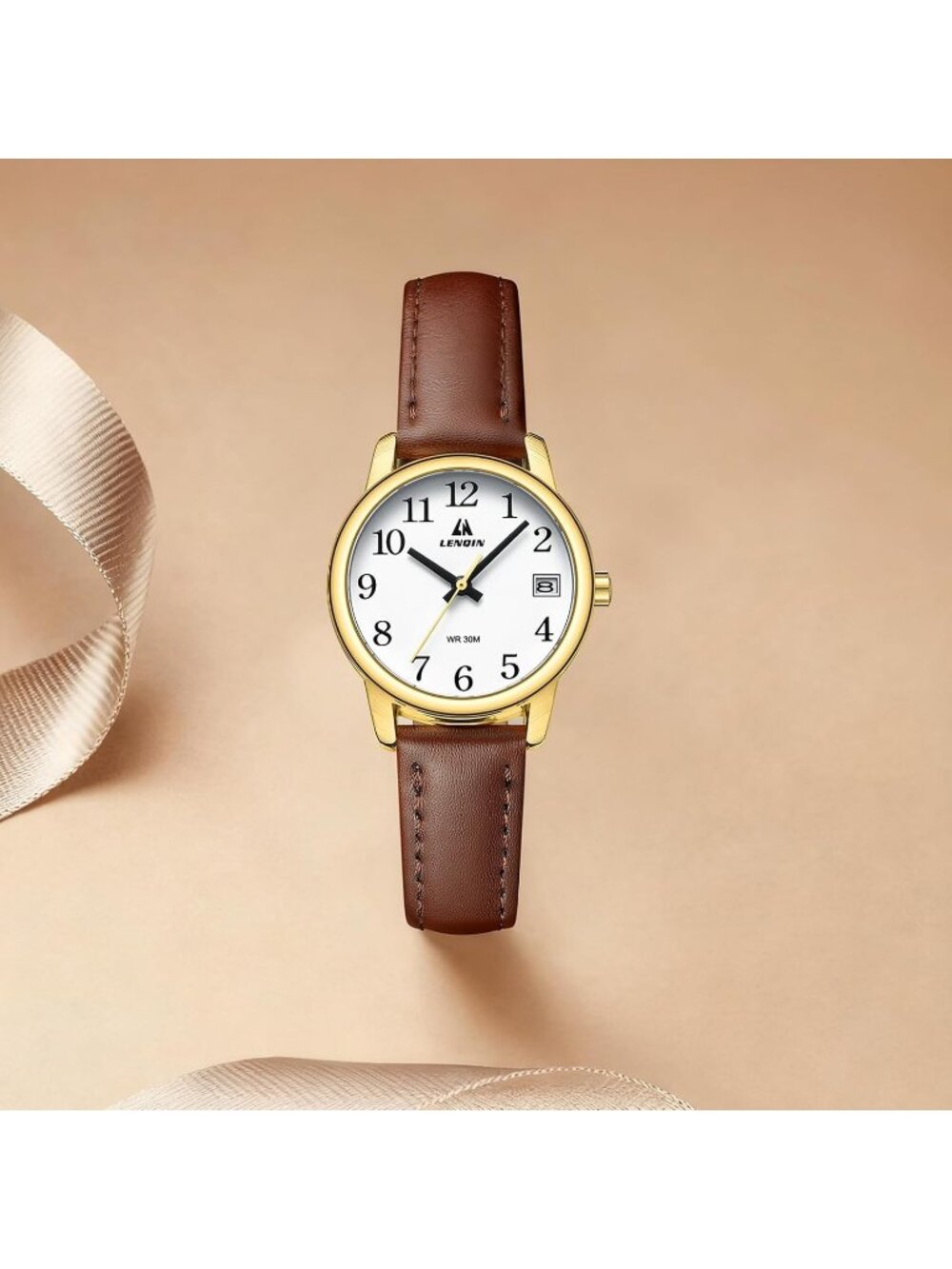 Women's Dark Brown Gold White Analog Waterproof Easy Reader Leather Strap Watch - Picture 5 of 6